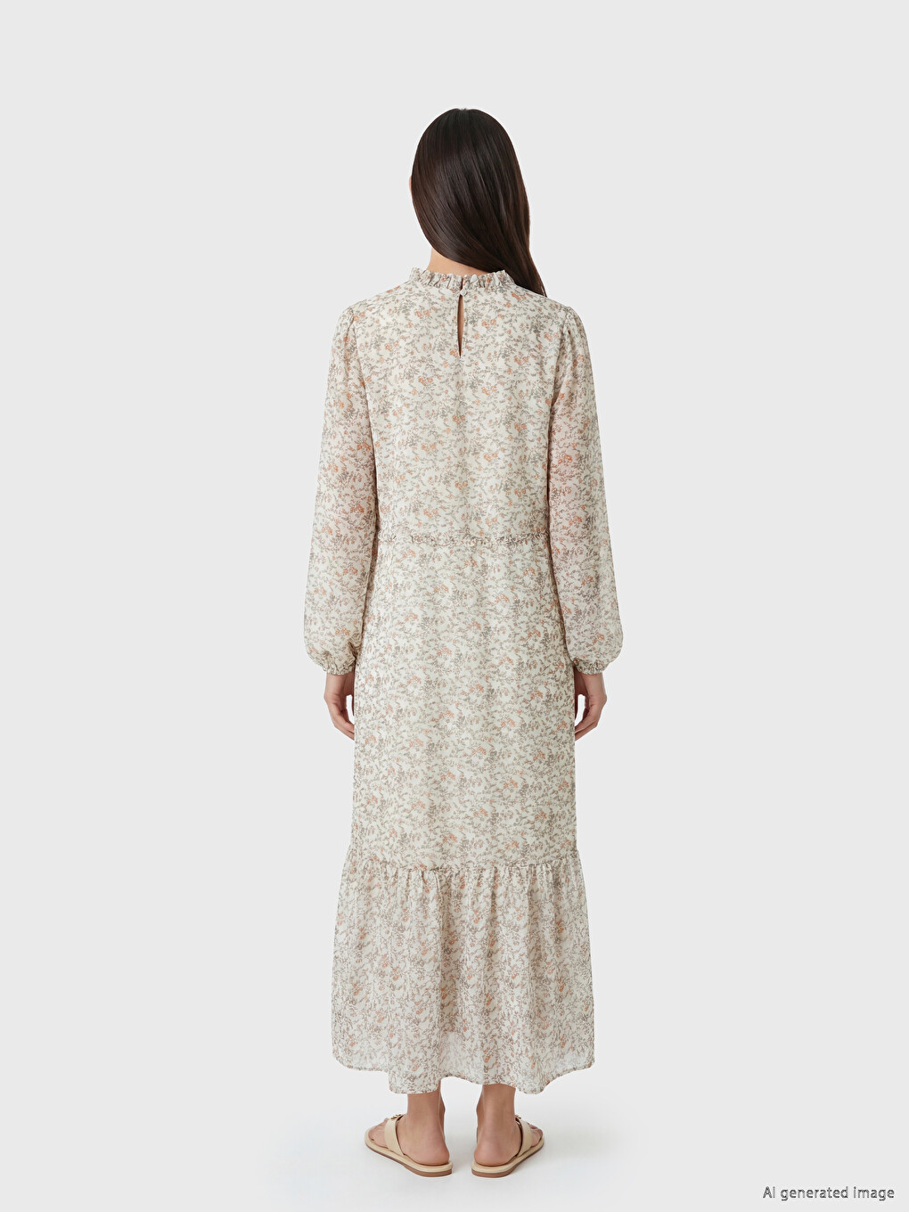 Ruffled Grandad Collar Floral Chiffon Long Dress-3