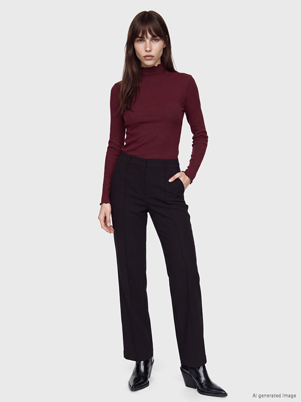 Bordo Dik Yaka Kadın Fitilli Body-1