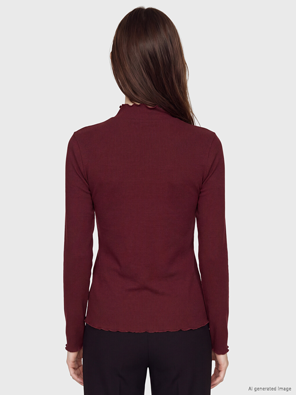 Bordo Dik Yaka Kadın Fitilli Body-3