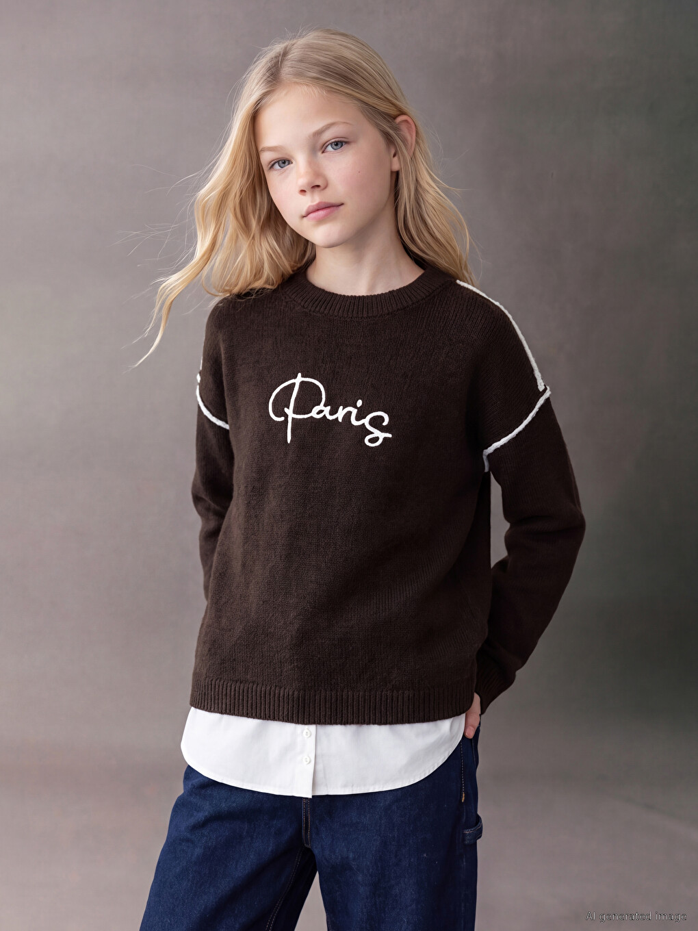 Paris Embroidered Girls' Knitwear Sweater
