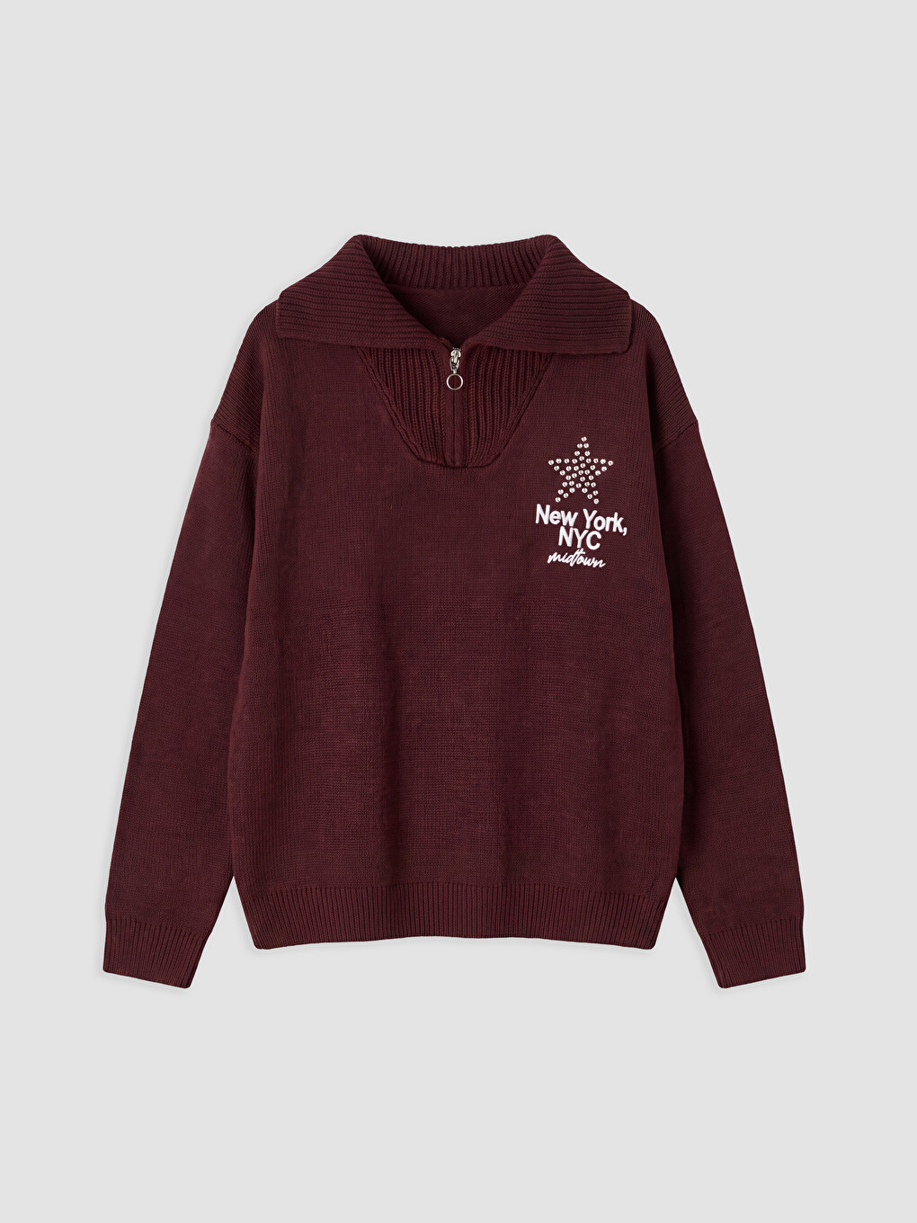 Polo Collar Rhinestone Embellished Girls' Knitwear Sweater