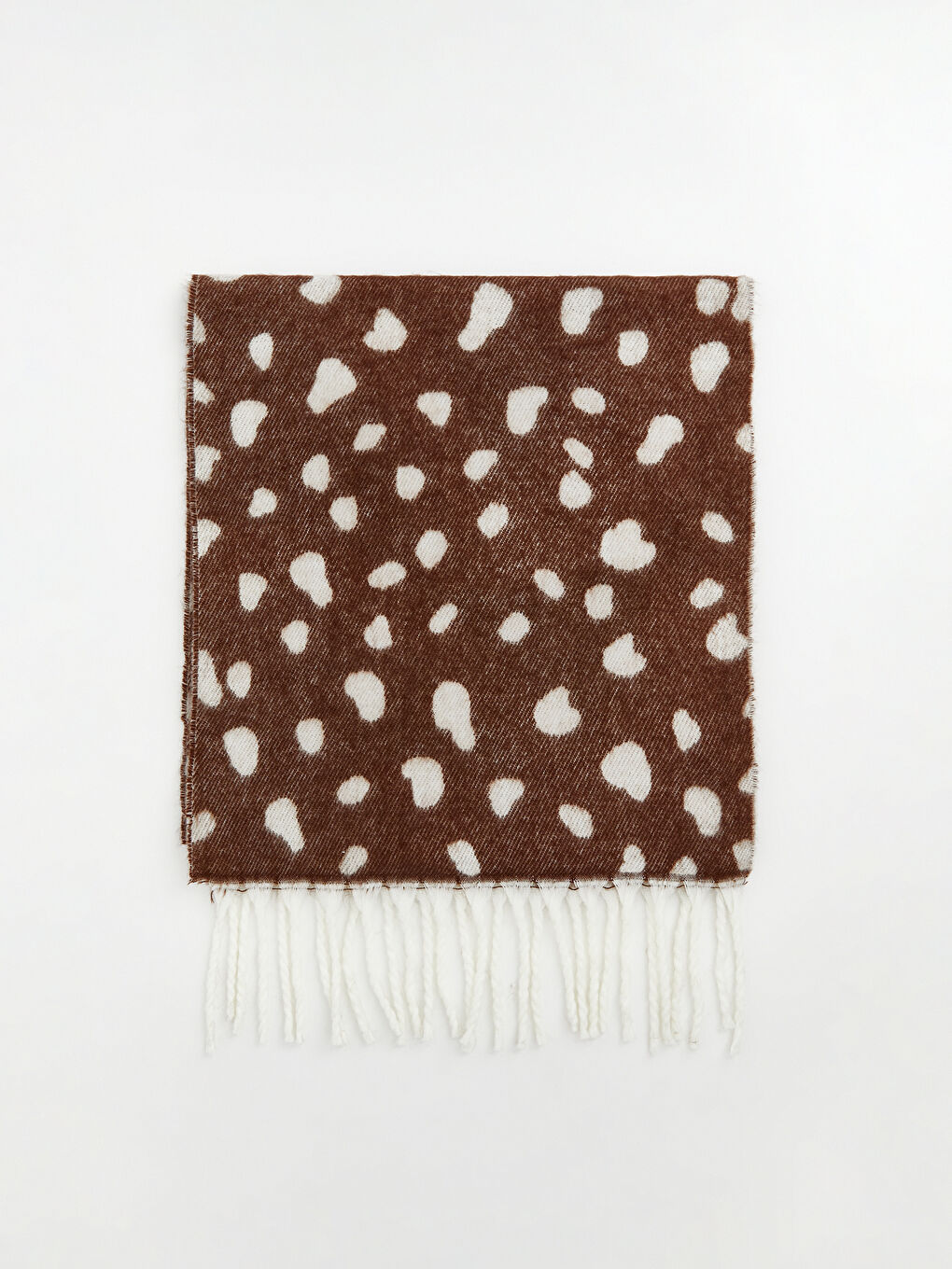 Kahverengi Püskül Detaylı Desenli Kadın Atkı-1