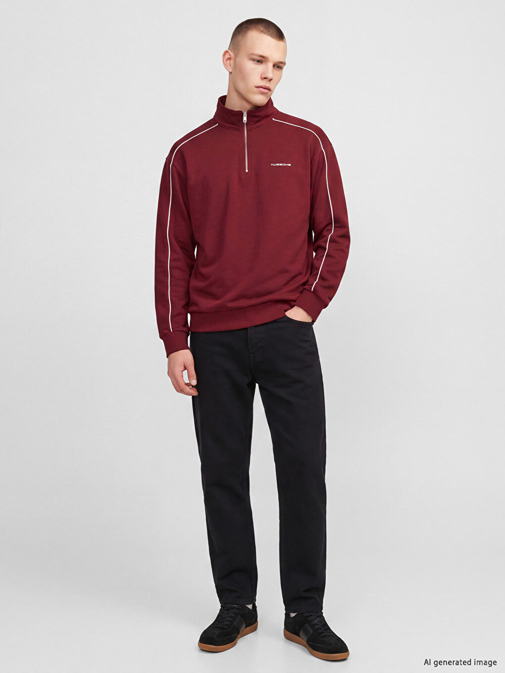 Bordo Dik Yaka Baskılı Erkek Sweatshirt-1