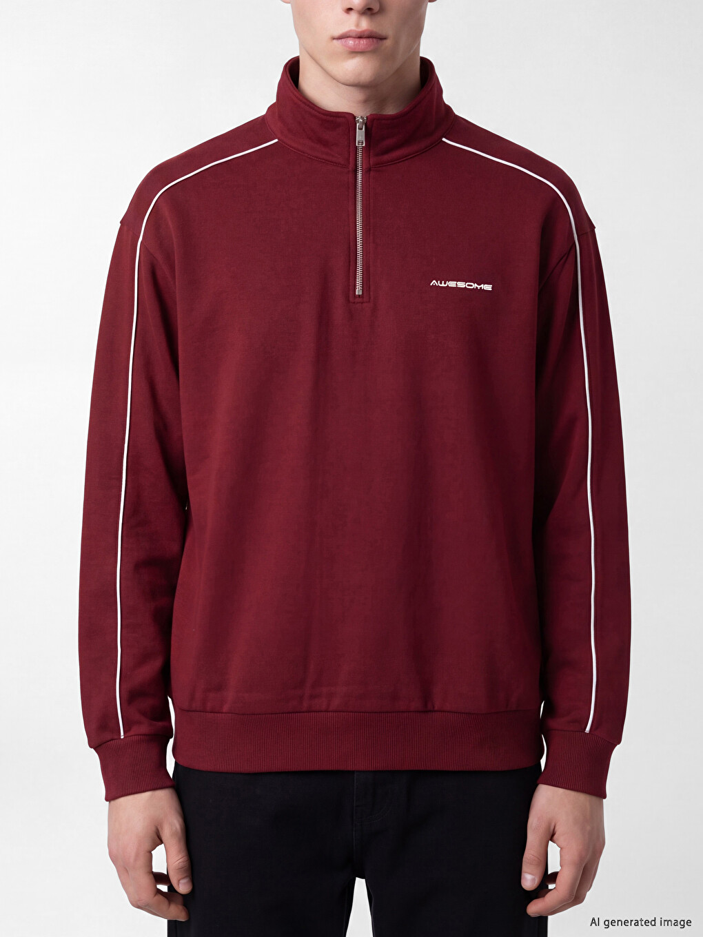 Bordo Dik Yaka Baskılı Erkek Sweatshirt-2