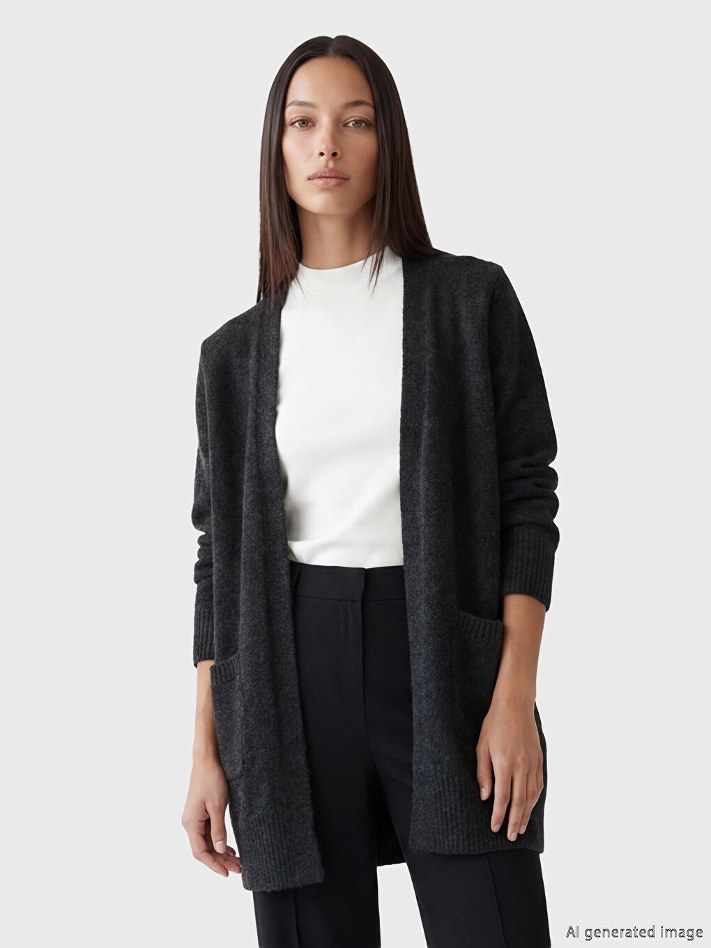 Antrasit V Yaka Kadın Triko Hırka-1