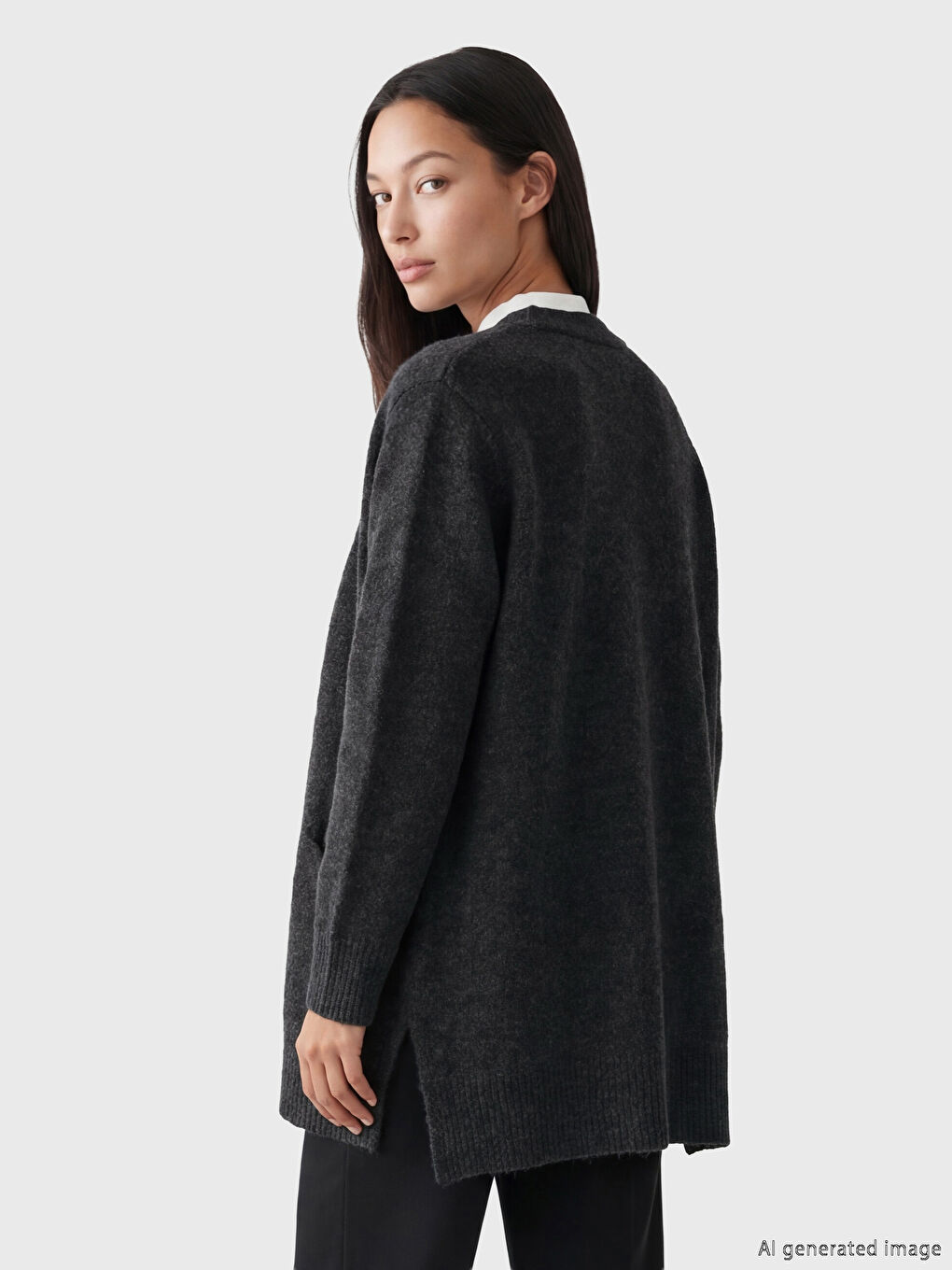 Antrasit V Yaka Kadın Triko Hırka-3