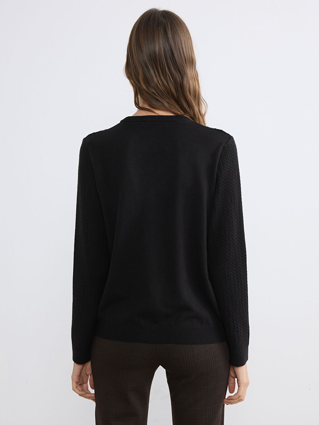 Siyah Bisiklet Yaka Desenli Kadın Triko Kazak	-3