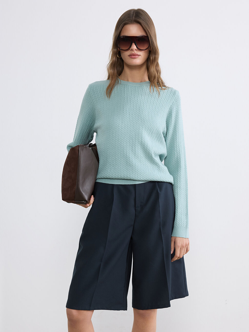 Yeşil Bisiklet Yaka Desenli Kadın Triko Kazak	