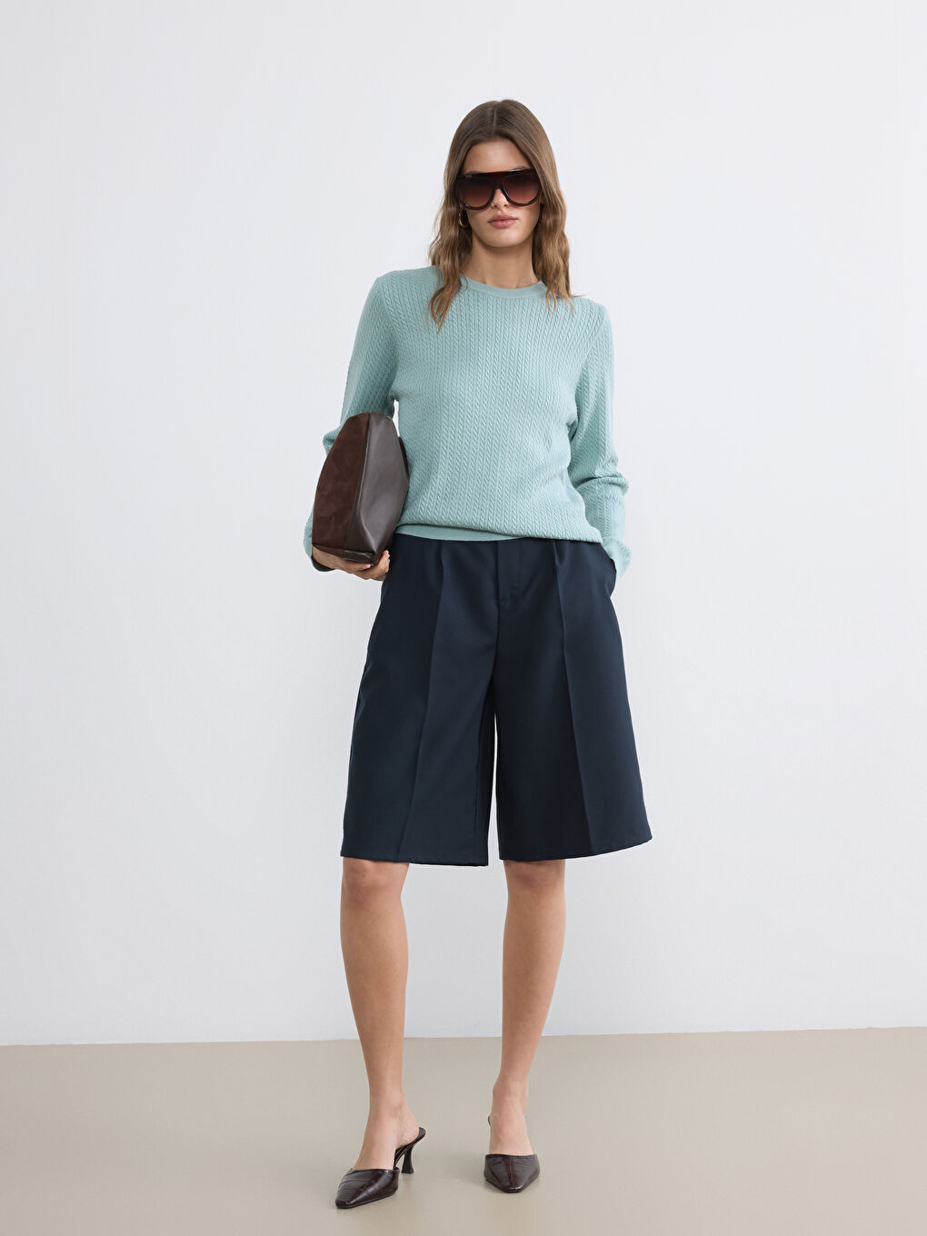 Yeşil Bisiklet Yaka Desenli Kadın Triko Kazak	-1