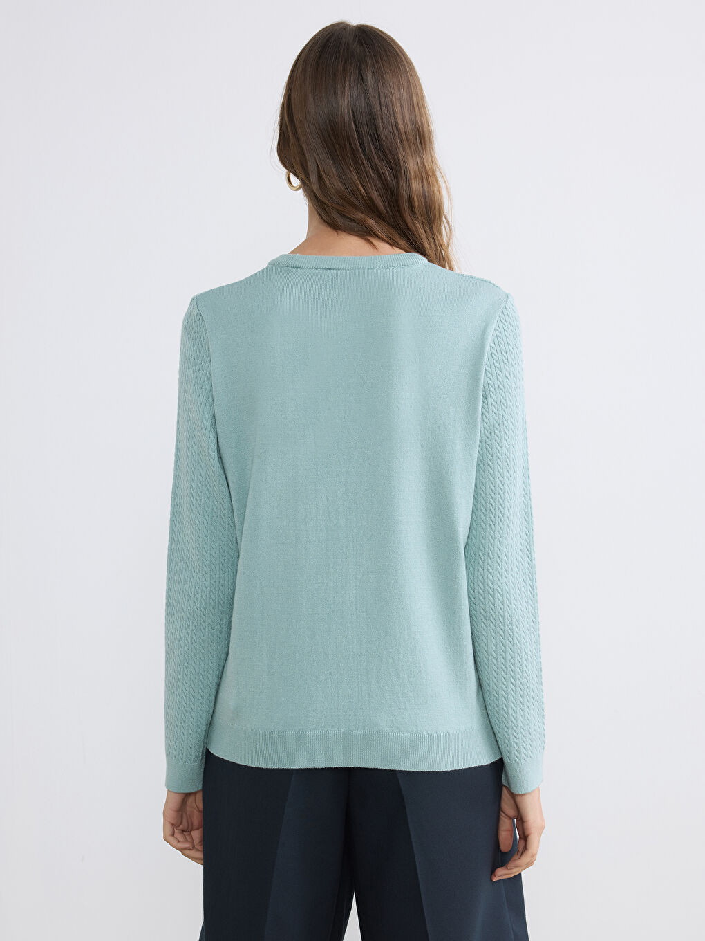 Yeşil Bisiklet Yaka Desenli Kadın Triko Kazak	-3