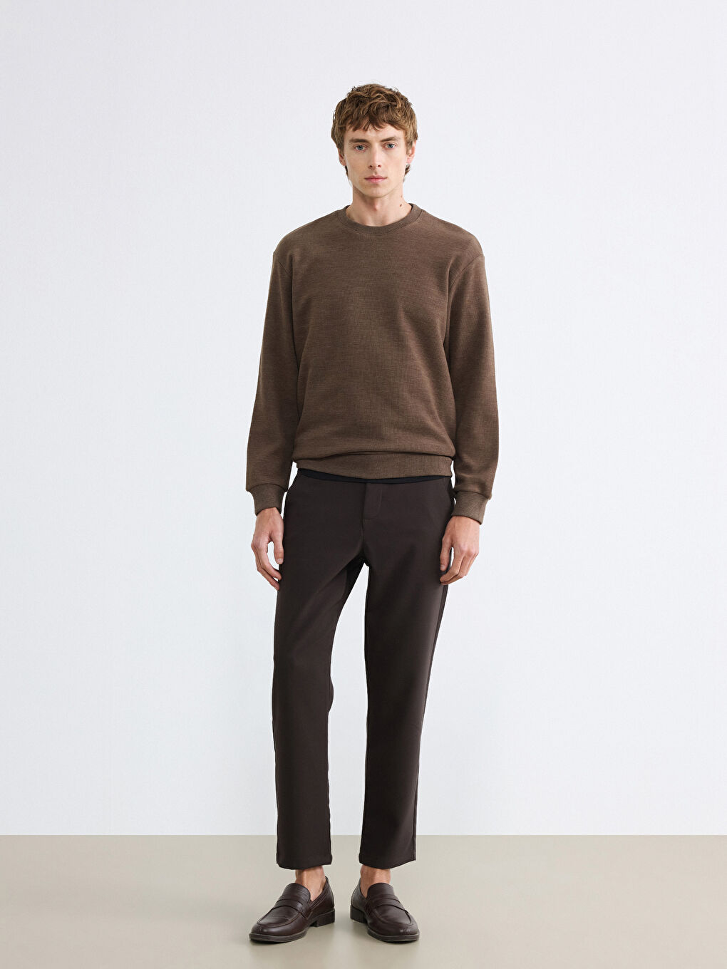 Kahverengi Regular Fit Bisiklet Yaka Erkek Triko Sweatshirt-1