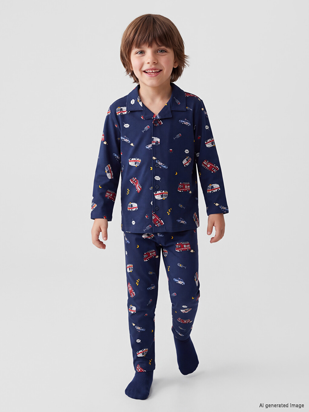 Lacivert Gömlek Yaka Erkek Çocuk Pijama Takımı