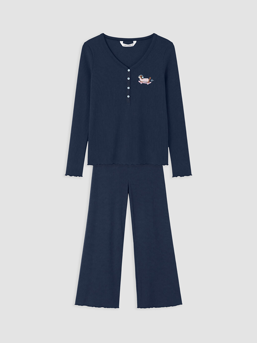 Lacivert V Yaka Nakışlı Kadın Pijama Takım-4