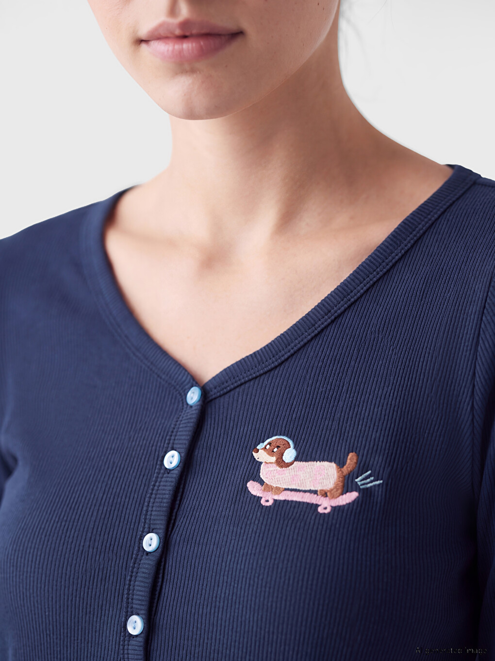 Lacivert V Yaka Nakışlı Kadın Pijama Takım-2