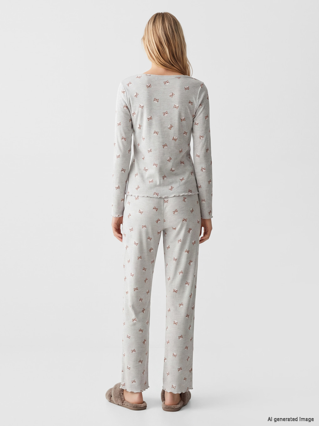 U Yaka Desenli Kadın Pijama Takım-3