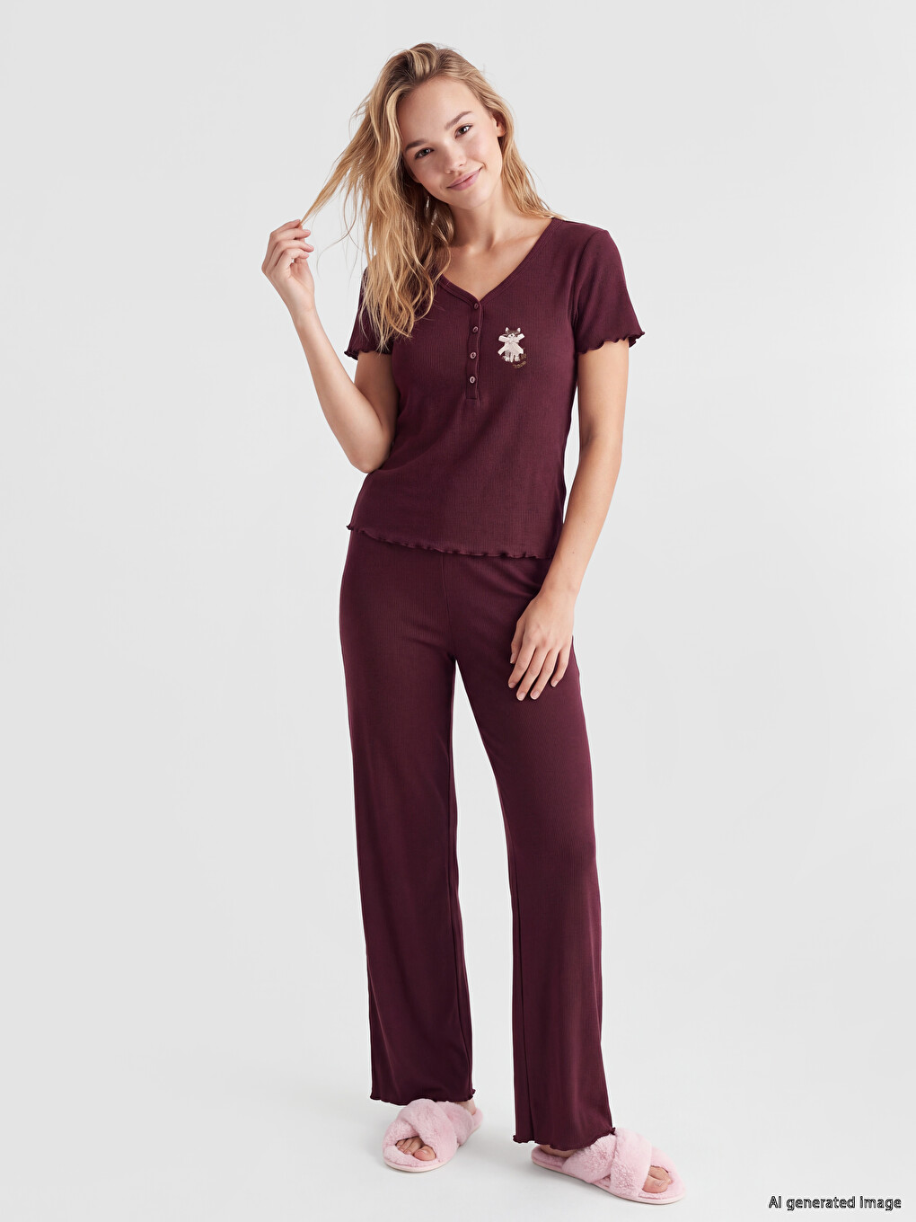 Mürdüm V Yaka Nakışlı Kadın Pijama Takım