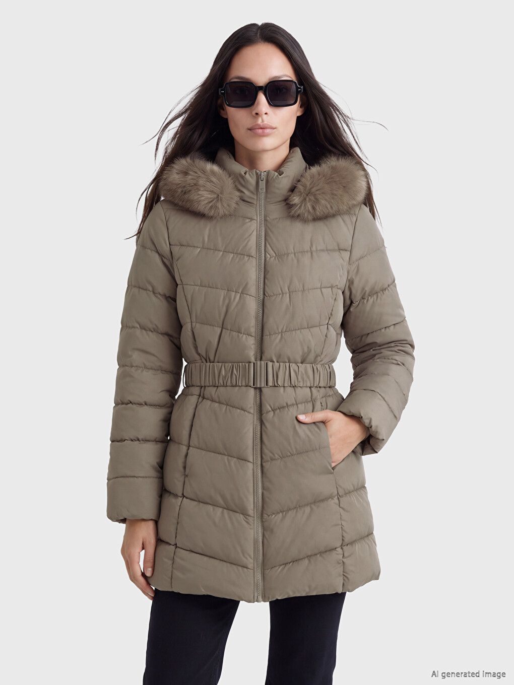 Fur-lined Hooded Belted Women's Puffer Coat