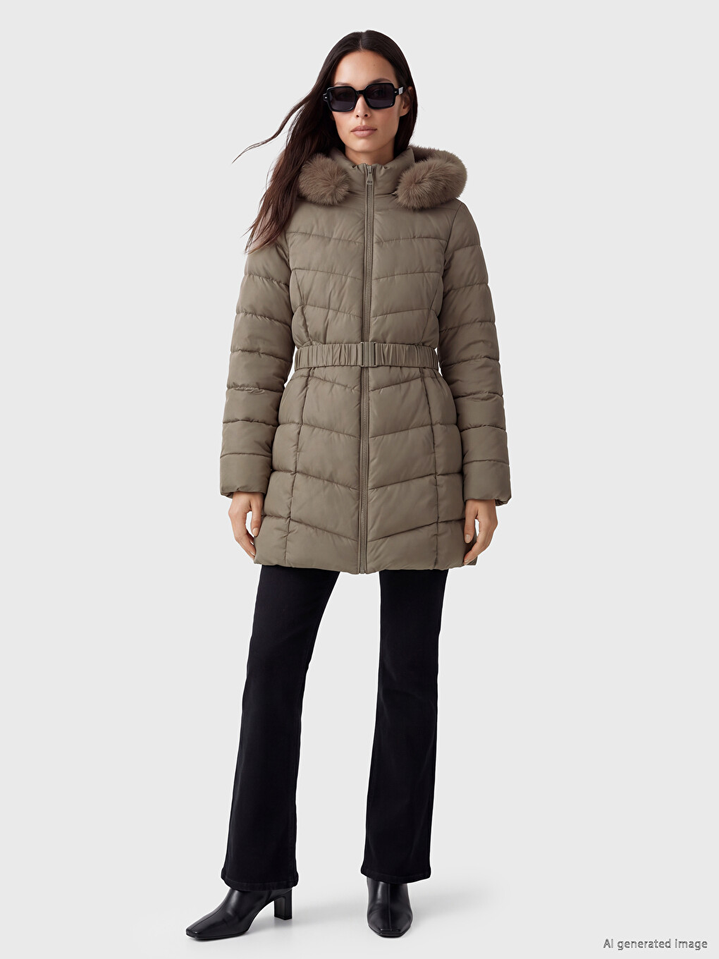 Fur-lined Hooded Belted Women's Puffer Coat-1