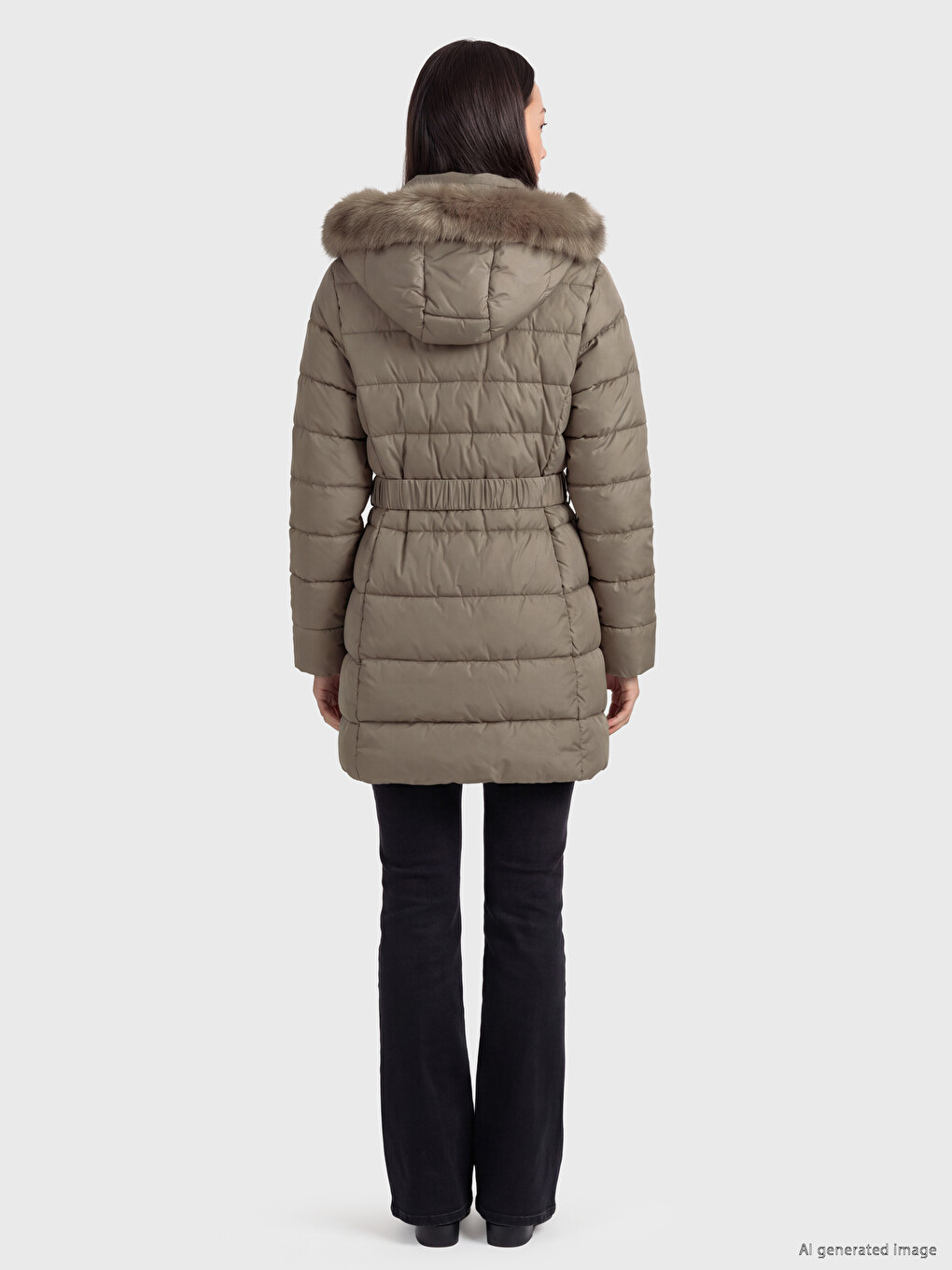 Fur-lined Hooded Belted Women's Puffer Coat-3