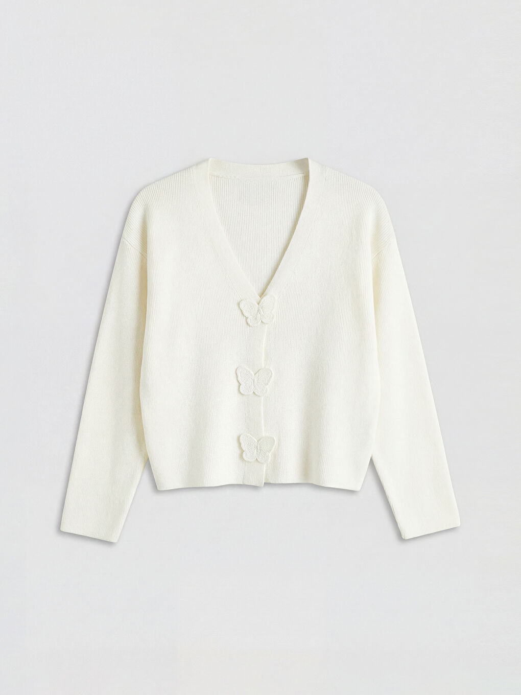 Ekru V Yaka Kız Çocuk Triko Hırka