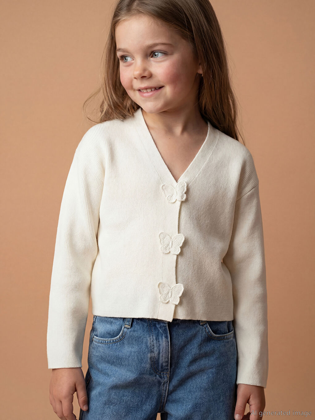 Ekru V Yaka Kız Çocuk Triko Hırka-1