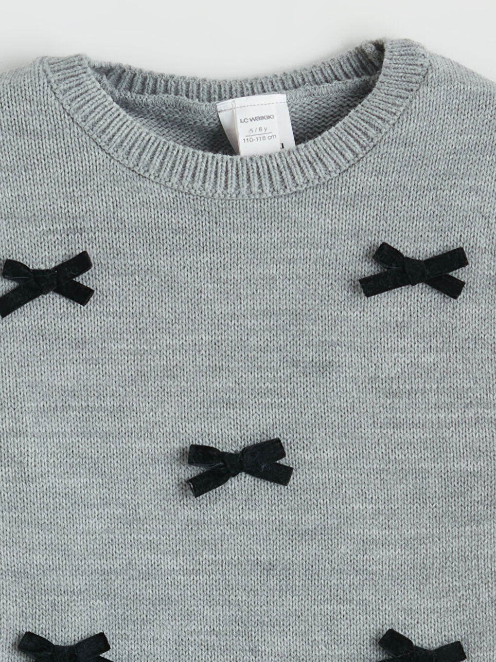 Gri Bisiklet Yaka Fiyonklu Kız Çocuk Triko Süveter-1