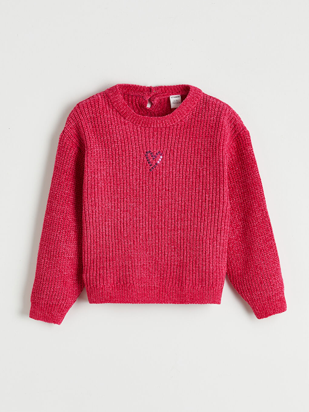 Fuşya Bisiklet Yaka Kalp İşlemeli Kız Çocuk Triko Kazak	