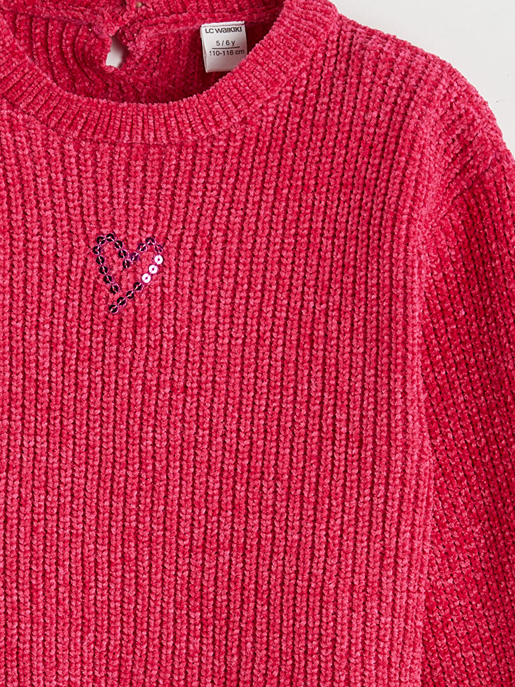 Fuşya Bisiklet Yaka Kalp İşlemeli Kız Çocuk Triko Kazak	-2