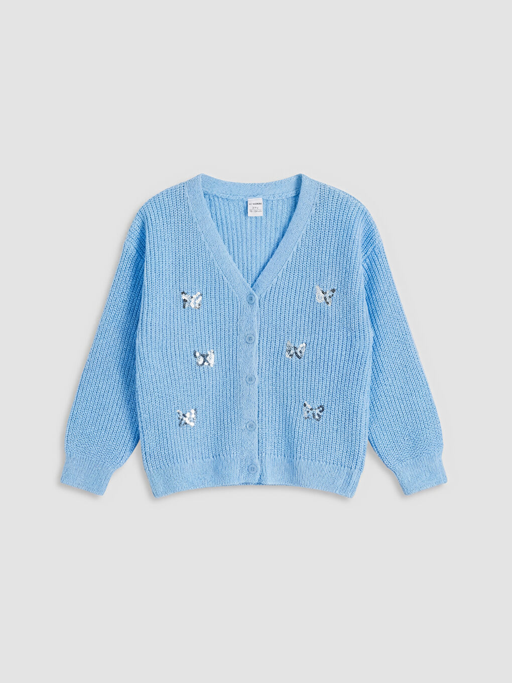 Mavi V Yaka Payet İşlemeli Kız Çocuk Triko Hırka