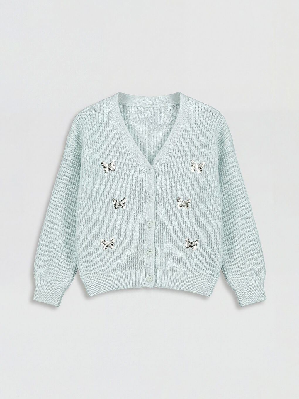 Haki V Yaka Payet İşlemeli Kız Çocuk Triko Hırka