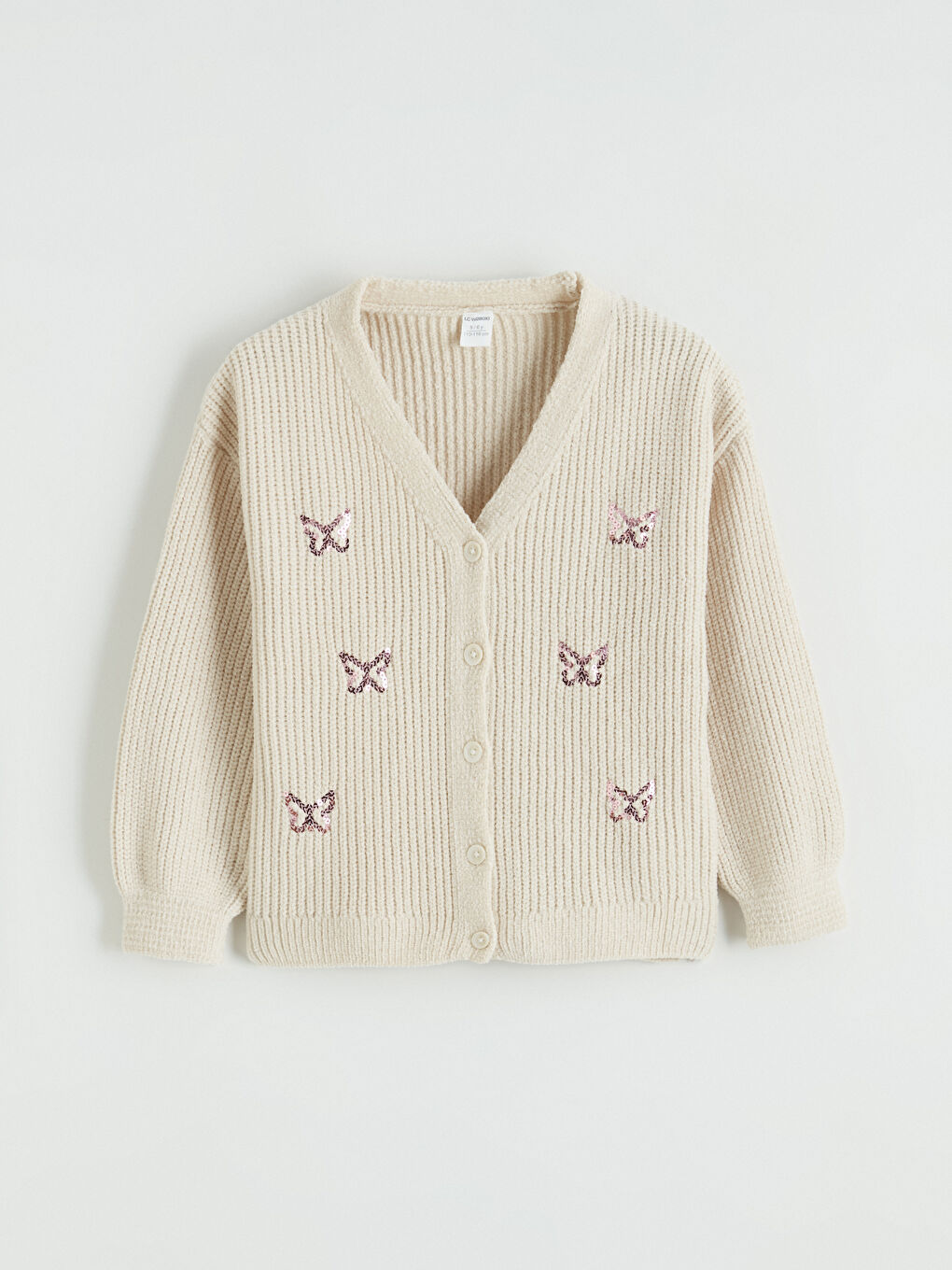 Ekru V Yaka Payet İşlemeli Kız Çocuk Triko Hırka