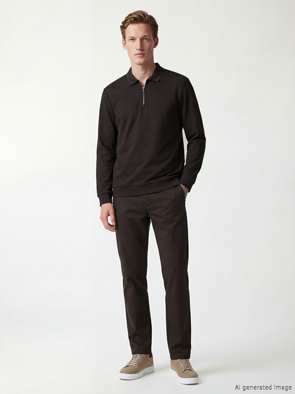 Kahverengi Polo Yaka Erkek Sweatshirt-1