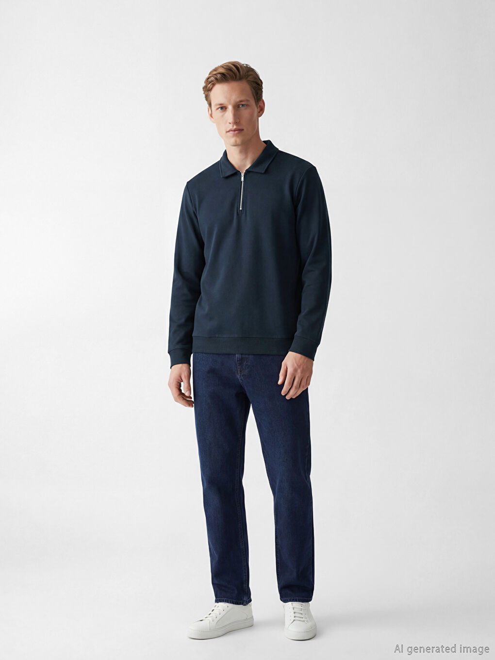 Lacivert Polo Yaka Erkek Sweatshirt-1