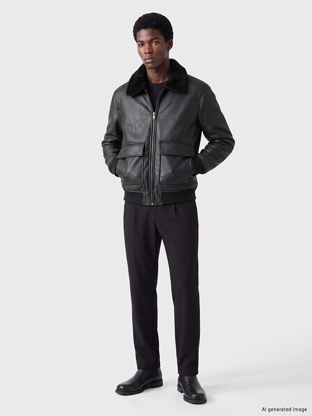 قاڵبی ئاسایی قۆڵتەکی فەر پیاوان پاڵتۆی چەرمی ناسروشتی-1