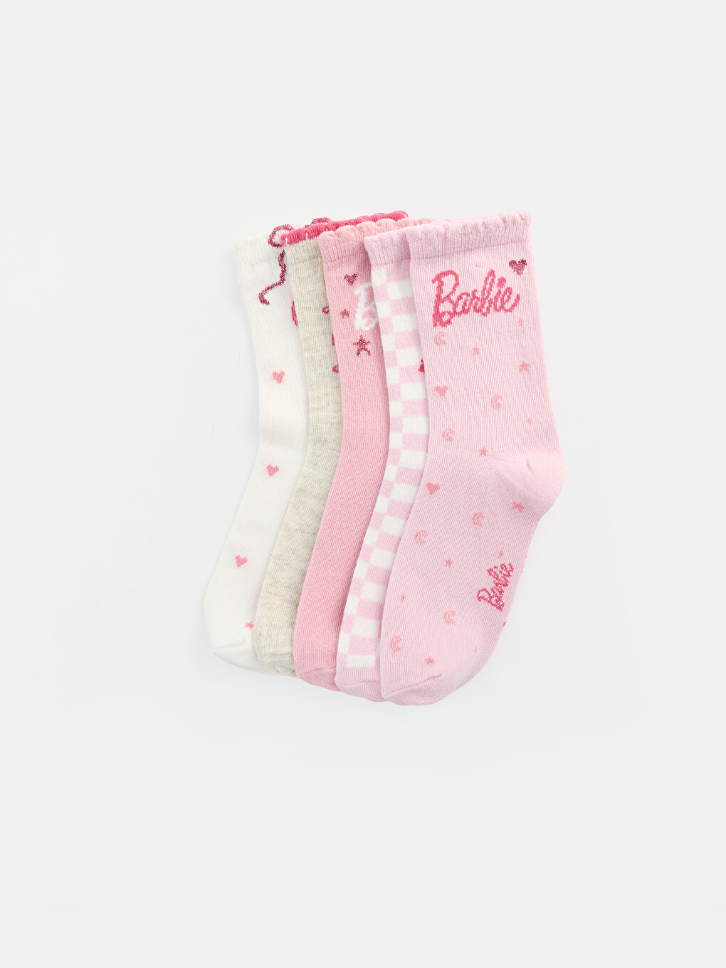 Ekru Barbie Baskılı Kız Çocuk Soket Çorap 5'li