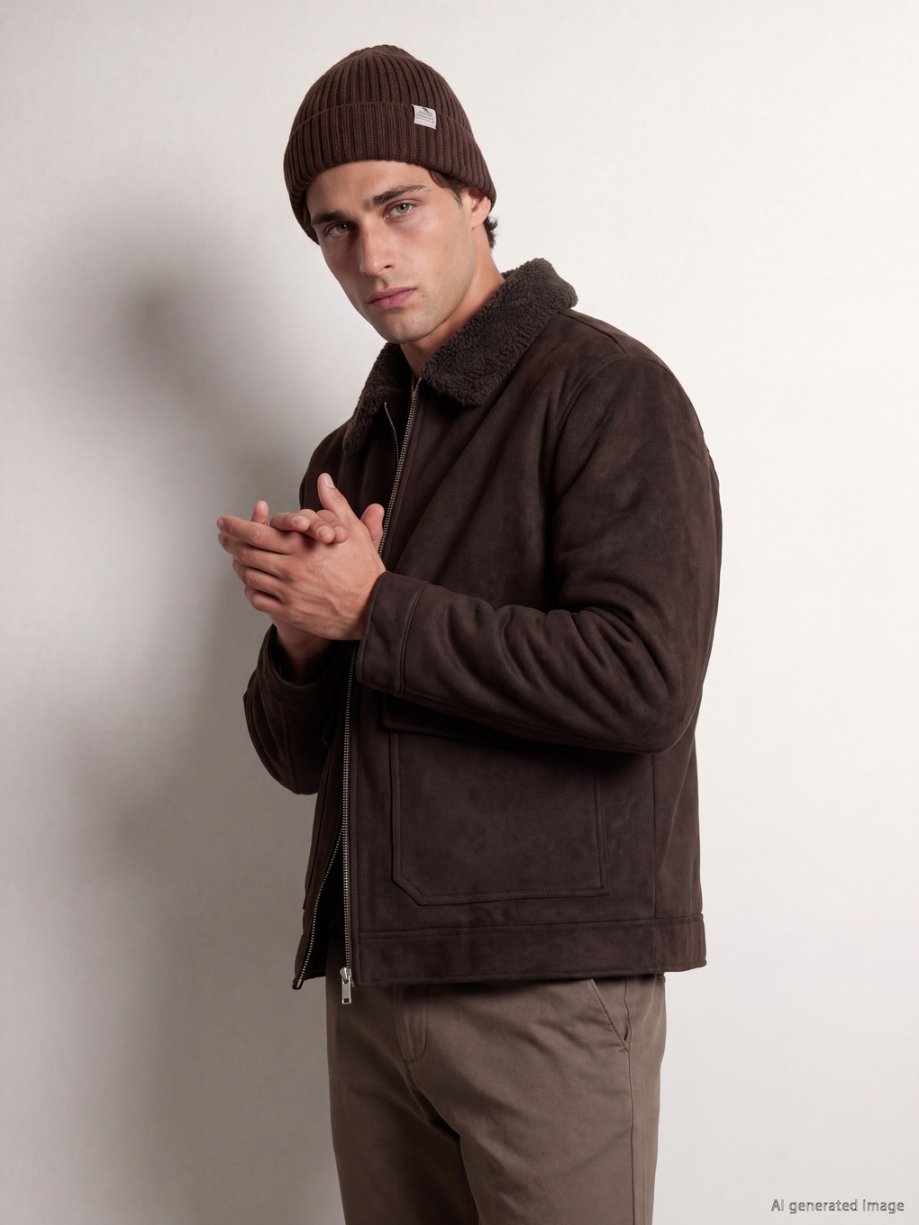  Regular Fit Fur Collar Men's Suede Coat