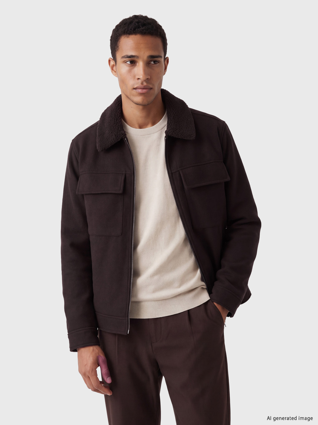 Kahverengi Regular Fit Pelüş Yaka Erkek Kaşe Mont-1