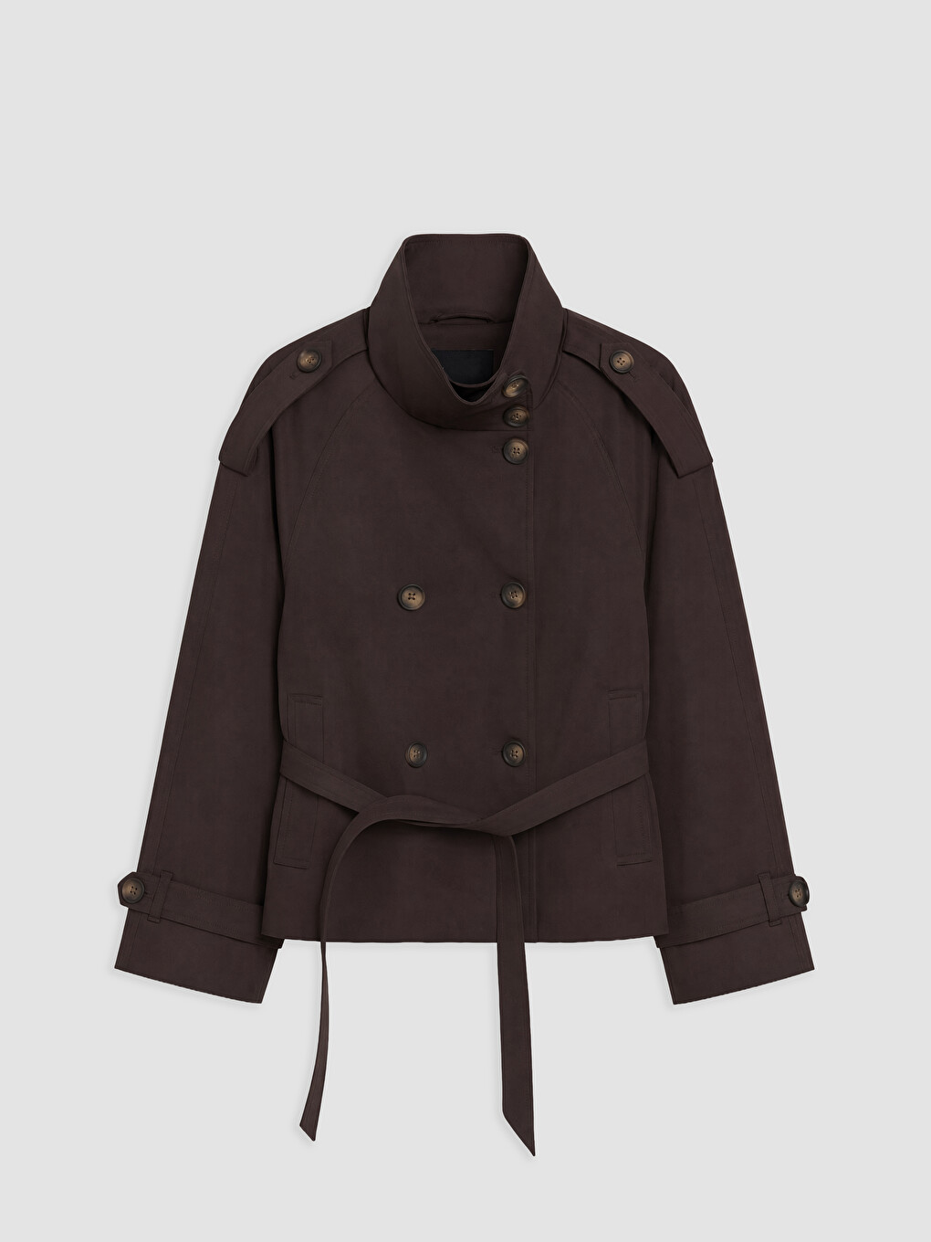 Kahverengi Dik Yaka Kuşaklı Oversize Kadın Trençkot-4