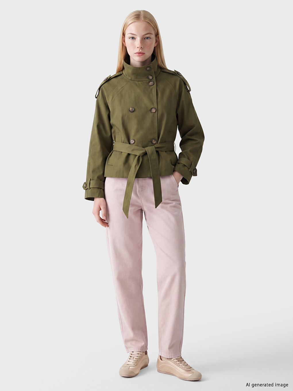 Mock Neck Sash Oversize Women's Trench Coat-1