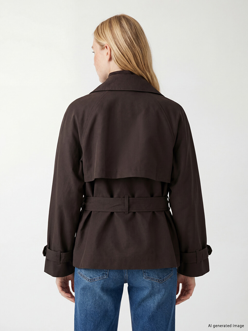 Kahverengi Dik Yaka Kuşaklı Oversize Kadın Trençkot-3