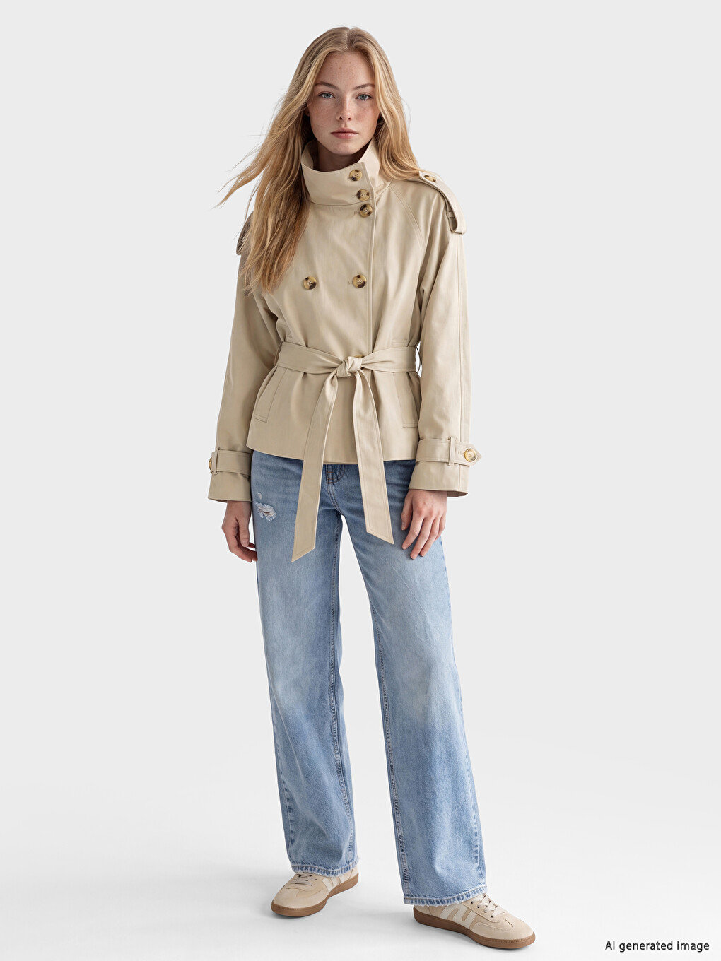 Bej Dik Yaka Kuşaklı Oversize Kadın Trençkot-1