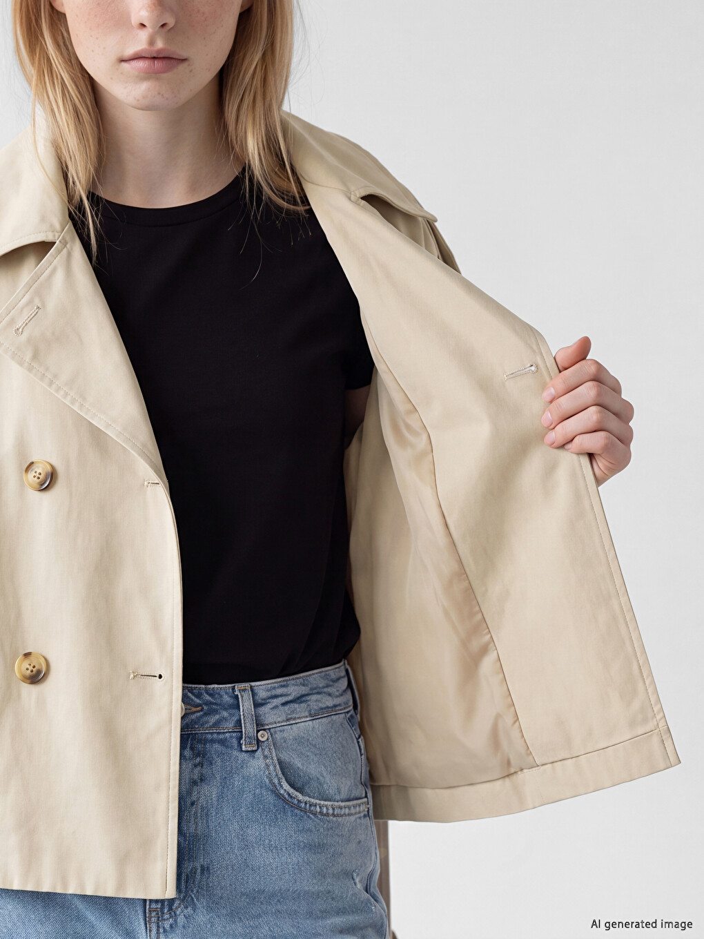 Bej Dik Yaka Kuşaklı Oversize Kadın Trençkot-3