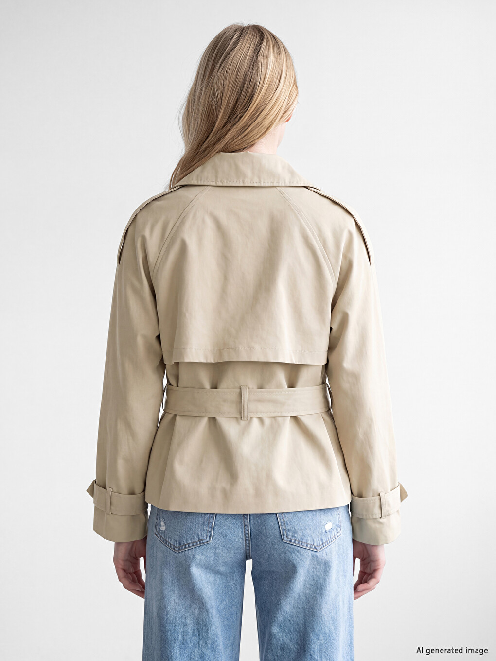 Bej Dik Yaka Kuşaklı Oversize Kadın Trençkot-4