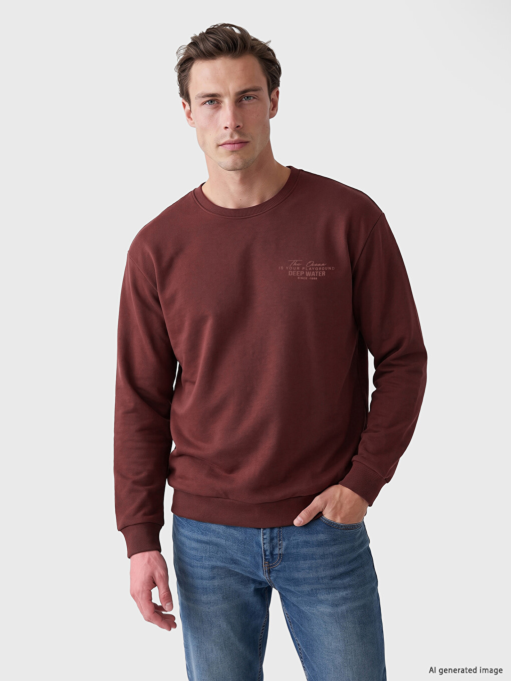Kahverengi Bisiklet Yaka Erkek Sweatshirt