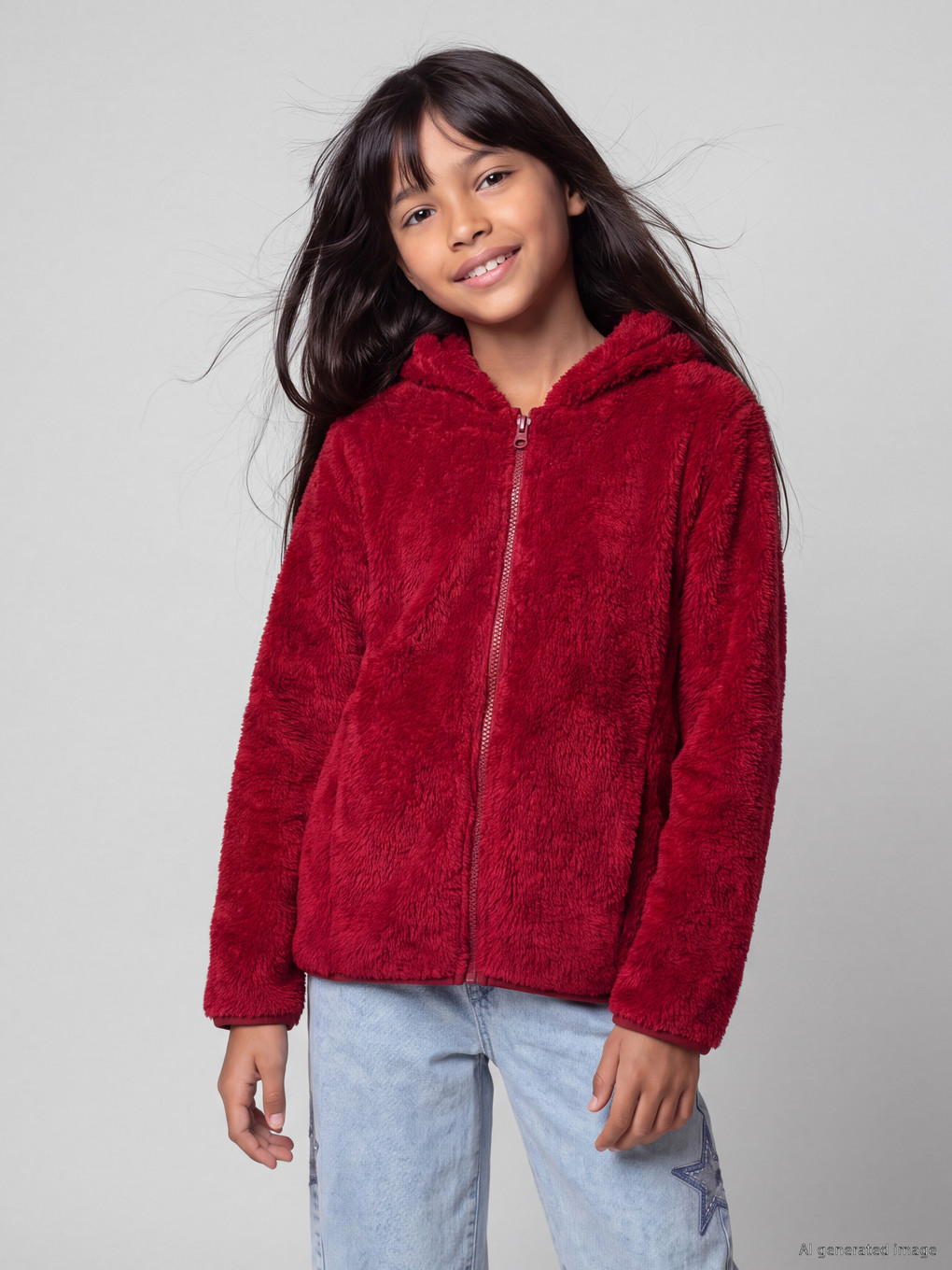 Bordo Kapüşonlu Kız Çocuk Pelüş Fermuarlı Sweatshirt