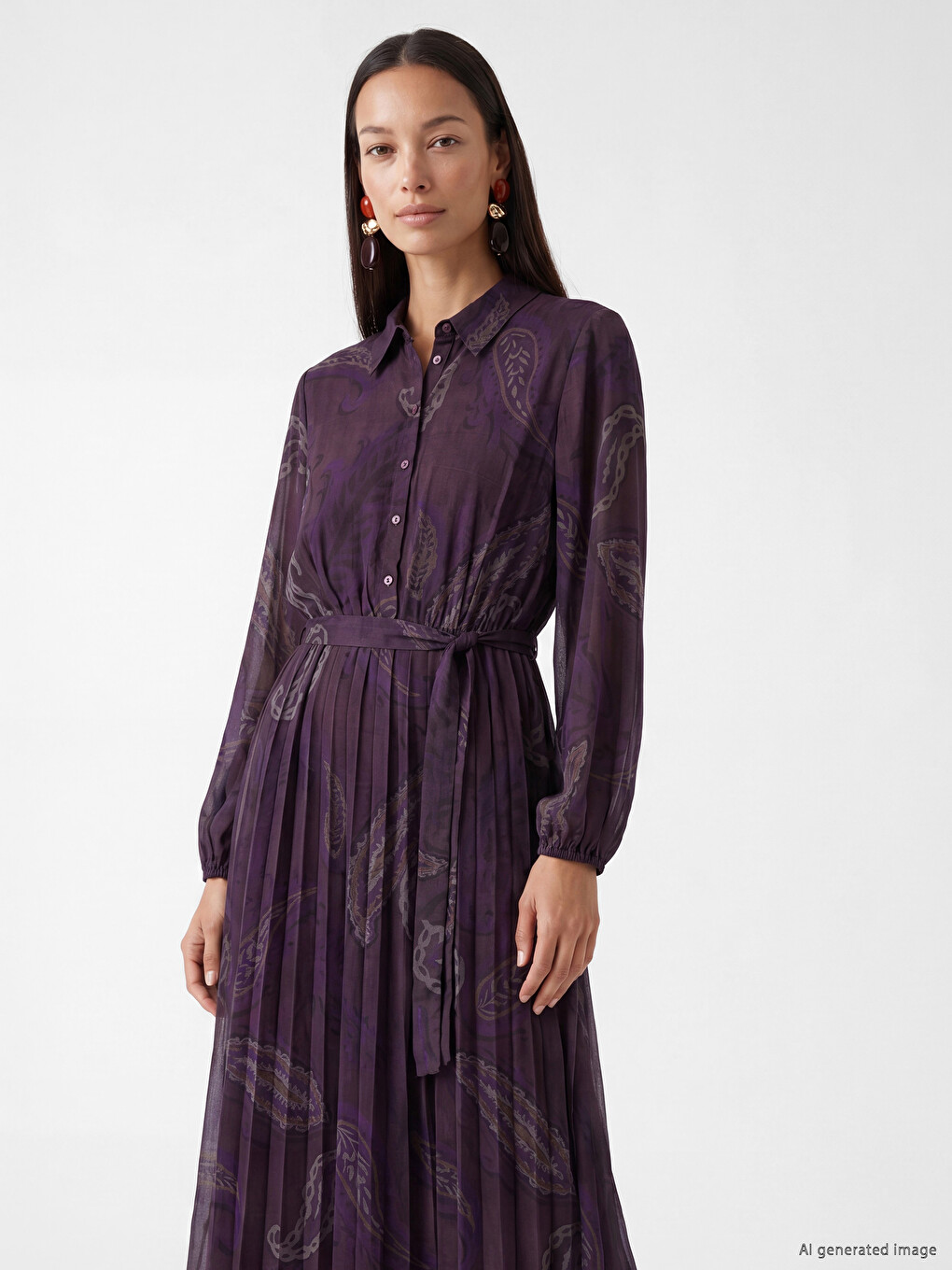 Rochie Plisată Din Șifon Cu Model Floral Și Guler De Cămașă-1