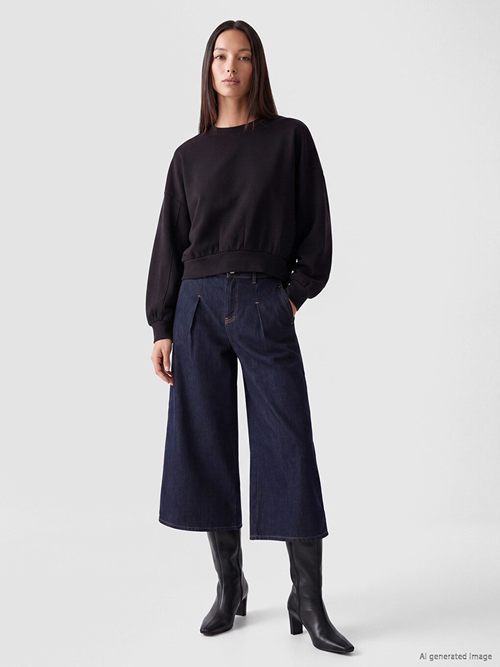 Siyah Bisiklet Yaka Soft Touch Kadın Sweatshirt-1