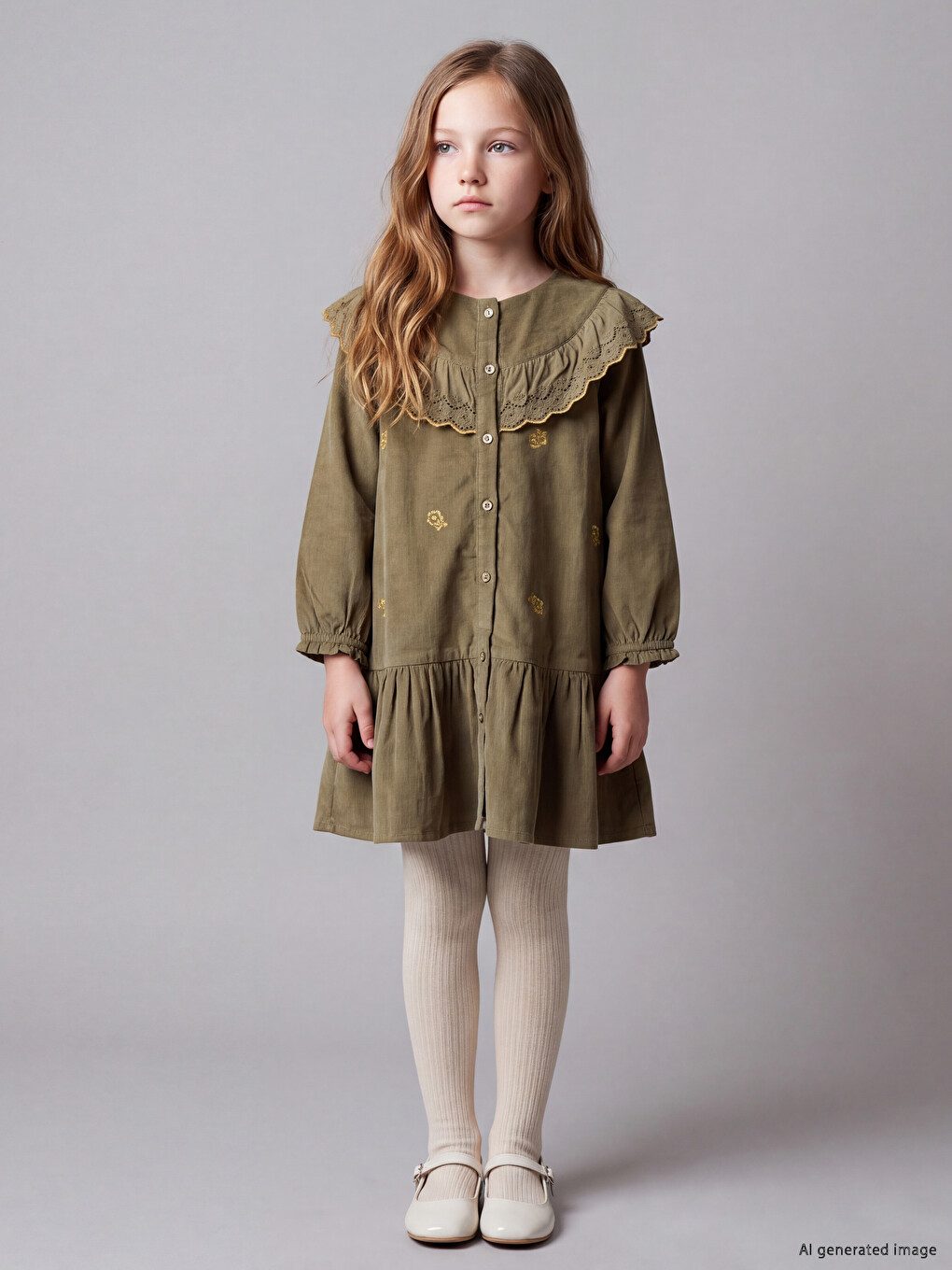 Crew Neck Embroidered Girls' Corduroy Dress