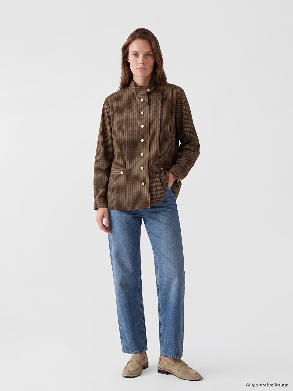 Grandad Collar Plaid Women's Shirt-1