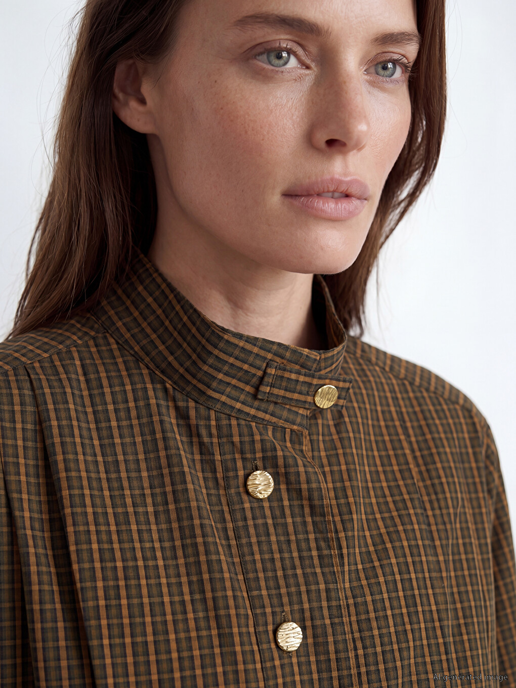 Grandad Collar Plaid Women's Shirt-2